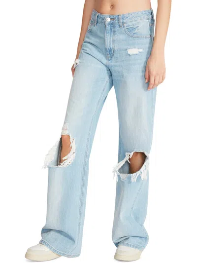 Steve Madden Womens High Rise Distressed Straight Leg Jeans In Blue