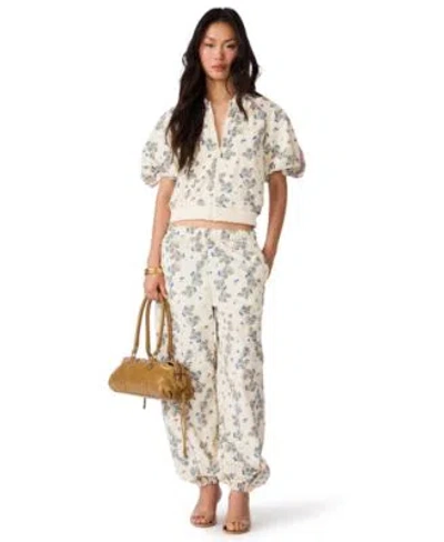 Steve Madden Womens Lyonie Cropped Floral Print Lightweight Jacket Loreli Wide Leg Pull On Low Rise Pants In Cascading Garland White