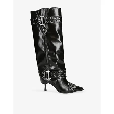 Steve Madden Womens Black Showcaser Faux-leather Heeled Knee-high Boots Eur 39 / 6 Uk