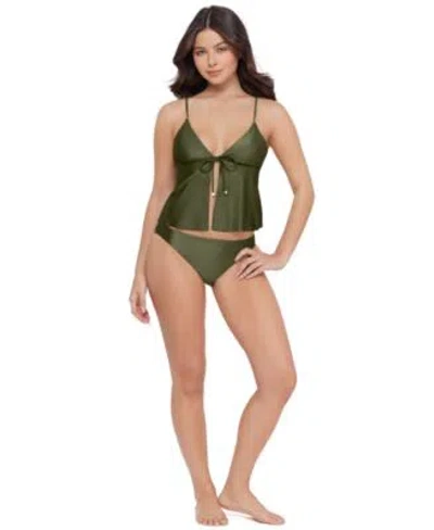 Steve Madden Womens Tie Front Crop Tankini Top Pull On Swim Hipster Bottoms In Green
