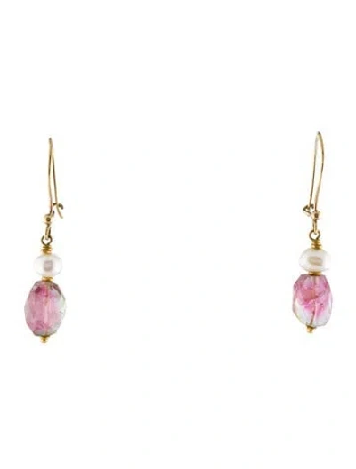 Pre-owned Steven Battelle 18k Pearl & Tourmaline Drop Earrings In Multi