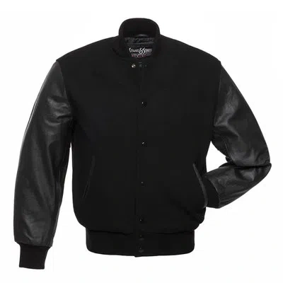 Pre-owned Stewart & Strauss All Black Premium Wool & Genuine Leather Varsity Bomber Jacket In Black Wool Black Leather