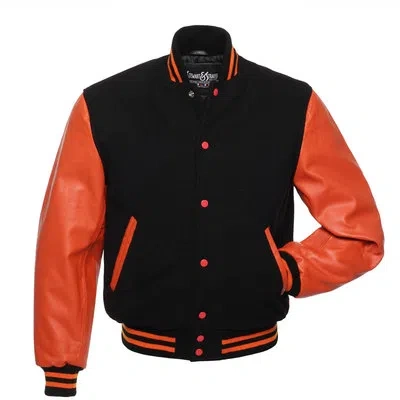 Pre-owned Stewart & Strauss Black Wool & Orange Leather Varsity Letterman School Jacket
