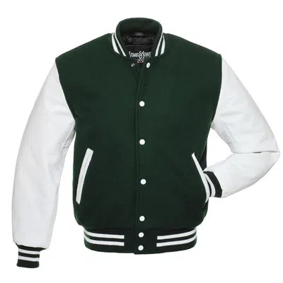 Pre-owned Stewart & Strauss Forest Green Wool & White Leather Varsity Letterman Jacket