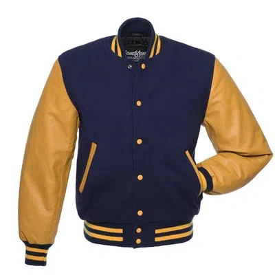 Pre-owned Stewart & Strauss Navy Blue Wool & Gold Leather Varsity Letterman Senior Jacket In Navy Blue Wool Gold Leather