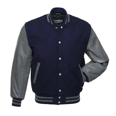 Pre-owned Stewart & Strauss Navy Blue Wool & Grey Leather Varsity Letterman Jacket In Navy Blue Wool Grey Leather