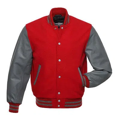 Pre-owned Stewart & Strauss Scarlet Red Wool & Grey Leather Varsity Letterman Jacket In Scarlet Red Wool Grey Leather