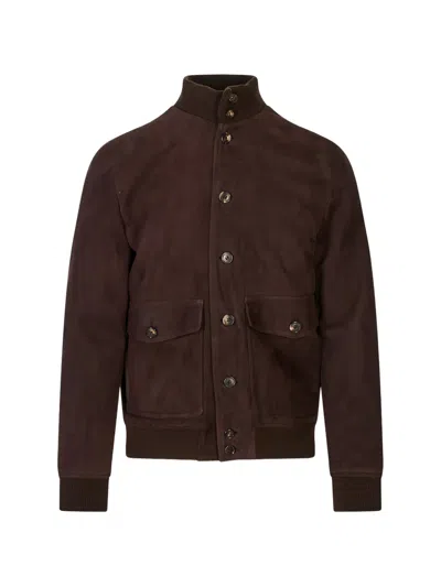 Stewart Button-up Suede Bomber Jacket In Brown