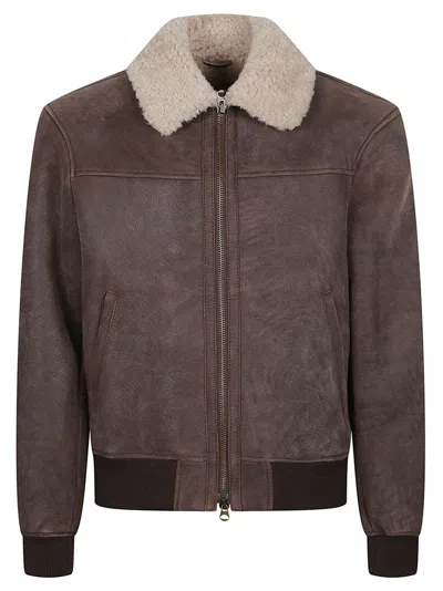 Stewart Sean Brown Leather Shearling Collar Bomber Jacket