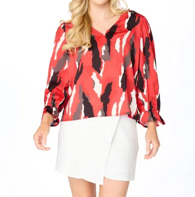 Stewart Simmons Abstract 3/4 Sleeve Top In Red/ Black In Multi