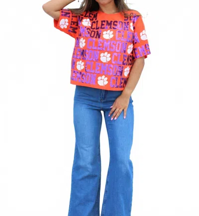 Stewart Simmons Clemson Sequin Repeat Tee Top In Orange In Multi