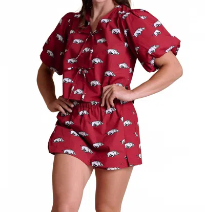 Stewart Simmons Game Day Puff Sleeve Tie Top In Arkansas In Red