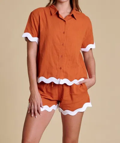 Stewart Simmons Gauze Rick-rack Button Up Shirt In Burnt Orange In Yellow
