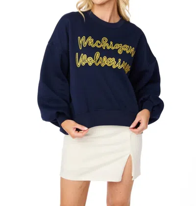 Stewart Simmons Michigan Wolverines Rhinestone Balloon Sleeve Pullover In Navy In Blue