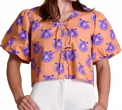Stewart Simmons Puff Sleeve With Tiger Heads Top In Orange In Multi
