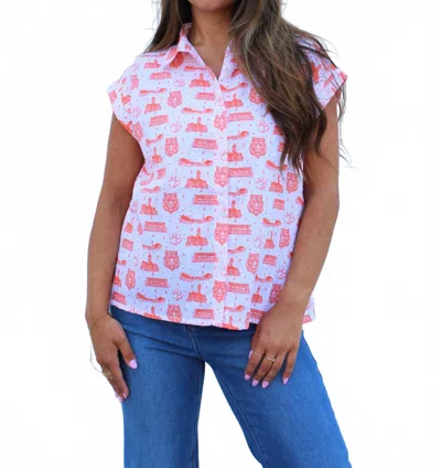 Stewart Simmons Team Toile Short Sleeve Button Up Top In White/orange In Multi