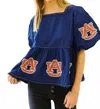 Stewart Simmons The Puff Sleeve Peplum Top In Auburn In Blue