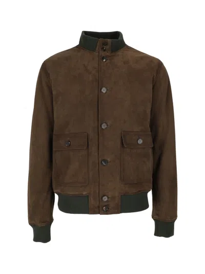 Stewart Suede Bomber Jacket With Knit Collar And Button Closure In Brown
