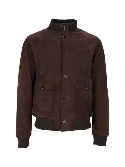 Stewart Suede Leather Bomber Jacket With Ribbed Knit Details In Brown