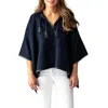 Stick & Ball Leather Trim Baby Alpaca Poncho In Navy In Blue