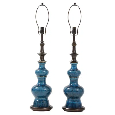 Pre-owned Stiffel 1960s  Mid-century Modern Blue Porcelain & Bronze Table Lamps