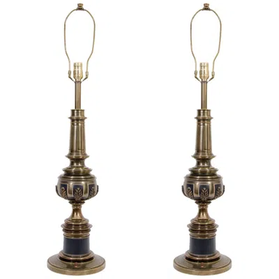 Pre-owned Stiffel Brass And Black Enamel Table Lamps, Pair