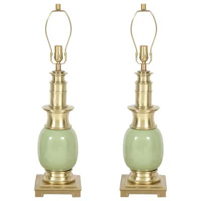 Pre-owned Stiffel Celadon Ceramic Orb And Brass Lamps In Sand