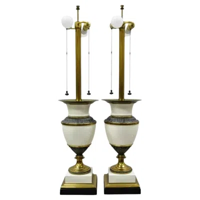 Pre-owned Stiffel Italian Regency Large Porcelain Urn Brass Finish Tall Table Lamps - Pair In Sand