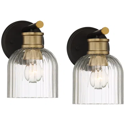 Stiffel Lana 9" High Black And Warm Brass Wall Sconce Set Of 2