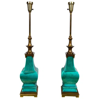 Pre-owned Stiffel Midcentury Green Glazed Pagoda Table Lamps By , 1960s