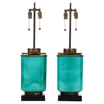 Pre-owned Stiffel Mid-century Large Jade Green Porcelain, Brass Lamps
