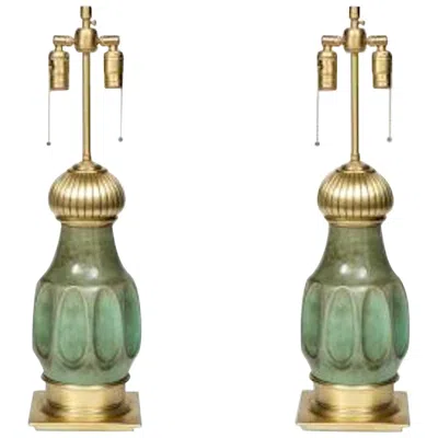 Pre-owned Stiffel Mid-century Modern Table Lamps By , Jade Green Porcelain, Usa