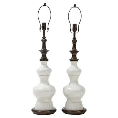 Pre-owned Stiffel Mid-century Modern Table Lamps, Crackled Porcelain & Bronze In Gold