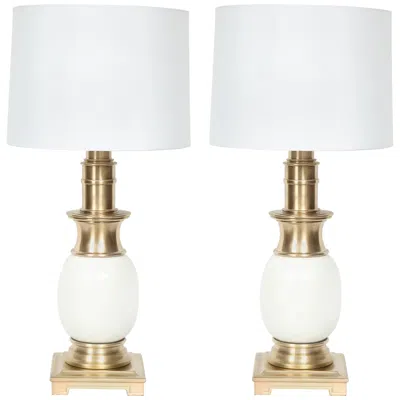 Pre-owned Stiffel Mid-century Modern Table Lamps In Satin Brass & White Ceramic