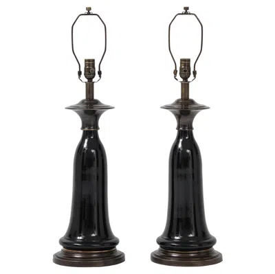 Pre-owned Stiffel Mid-century Parzinger Style Black Porcelain, Bronze Lamps