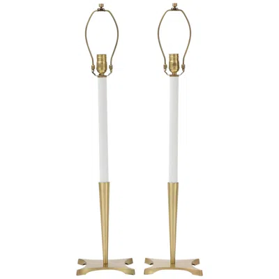 Pre-owned Stiffel Midcentury  Brass Candlestick Lamps In American Classical Style In Sand