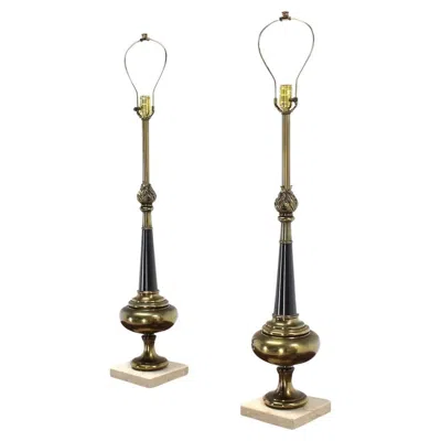 Pre-owned Stiffel Pair Mid Century Modern  Brass Finial Shape Table Lamps Marble Bases Mint In Brown