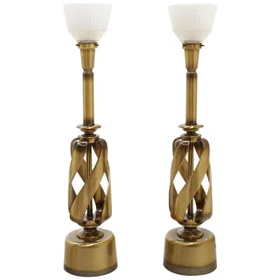 Pre-owned Stiffel Pair Of 1960s Brass Table Lamps With Original Globes, Attributed To  In Brown
