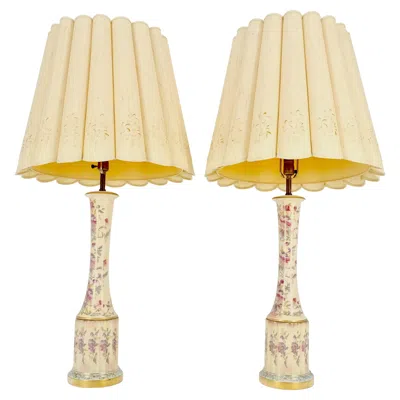 Pre-owned Stiffel Pair Of 39" Tall Ceramic Hand Painted Round Tower Shape Table Lamps W/ Shades In Sand