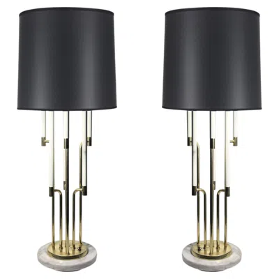 Pre-owned Stiffel Pair Of Architectural  Brass & Marble Candlestick Table Lamps In Brown