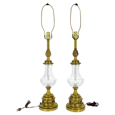 Pre-owned Stiffel Pair Of Cut Crystal & Brass Vase Shape Table Lamps C1970s In Sand