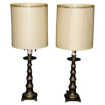 Pre-owned Stiffel Pair Of Faux Bamboo Brass  Mid Century Modern Table Lamps In Sand