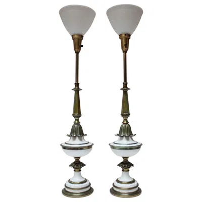 Pre-owned Stiffel Pair Of Hollywood Regency-style Brass And Glass  Table Lamps In Transparent