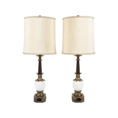Pre-owned Stiffel Pair Of Mid-century Table Lamps In Patinated Bronze & Glazed Porcelain In Gold