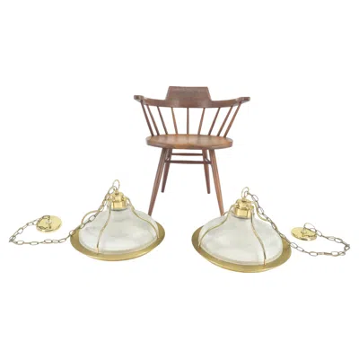 Pre-owned Stiffel Pair Of Round Brass Ribbed Glass Long Chain Light Fixture Pendants Mcm Mint! In Sand