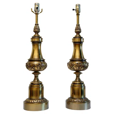 Pre-owned Stiffel Pair Of  Brass Columnar Table Lamps, American Classical, 1960s In Brown