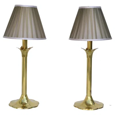 Pre-owned Stiffel Pair Of  Brass Table Lamps & Shades Mid-century Modern American 1990 In Brown