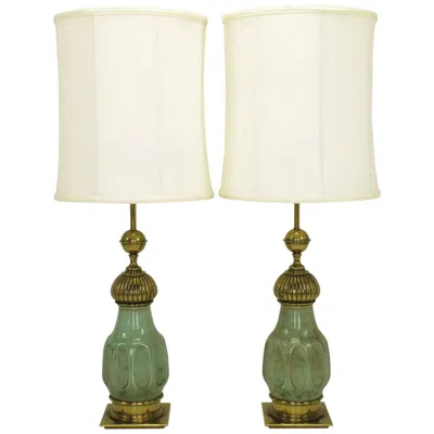 Pre-owned Stiffel Pair Of  Crackle Glaze Ceramic And Brass Moorish Style Table Lamps In White