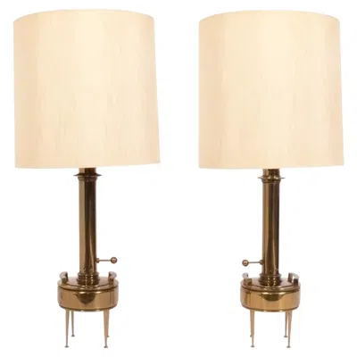 Pre-owned Stiffel Pair Of  Mid Century Modern Brass Lamps In White