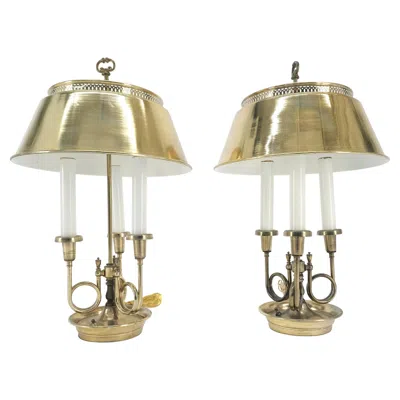 Pre-owned Stiffel Pair Of Unusual Brass Shades Brass Bases Bouillotte Table Lamps Mint! In Sand